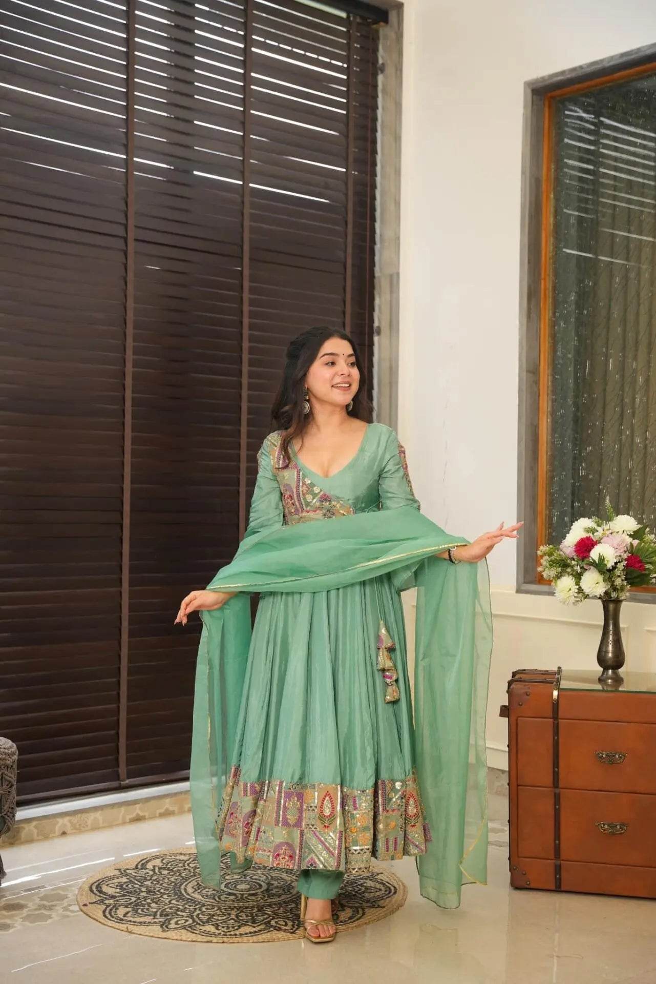 Sea green flared anarkali suit set - Eraya