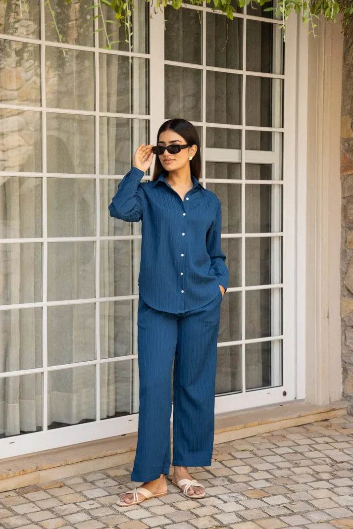 Royal Blue Knitted Shirt & Pant Pattern Co-ord set - Eraya