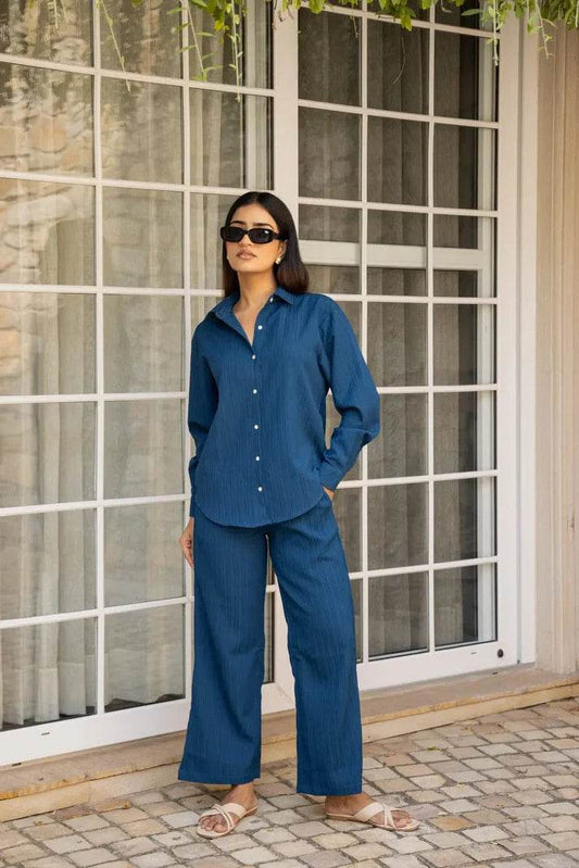 Royal Blue Knitted Shirt & Pant Pattern Co-ord set - Eraya