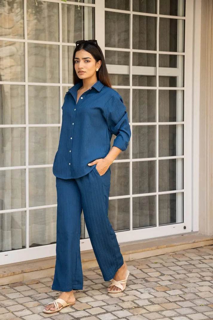 Royal Blue Knitted Shirt & Pant Pattern Co-ord set - Eraya