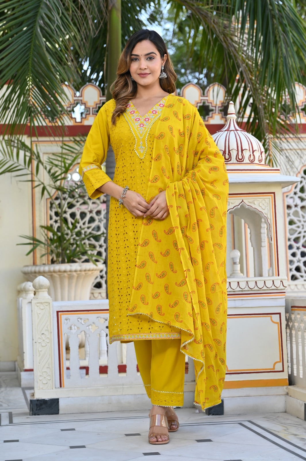 Authentic chikankari kurti set- yellow