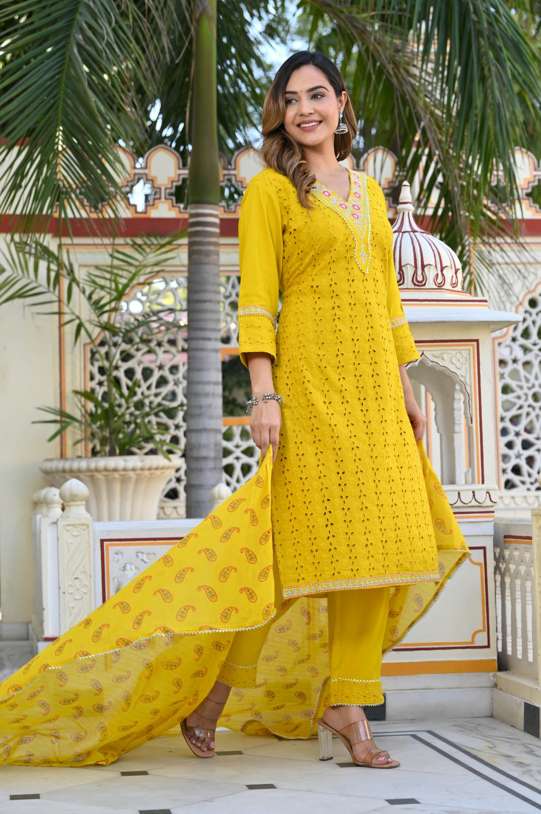 Authentic chikankari kurti set- yellow