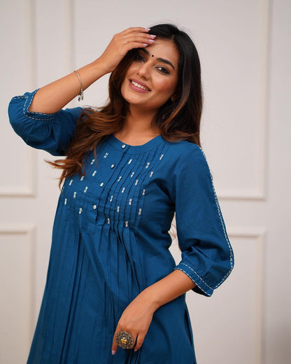 Beautiful teal blue kurti-pant set