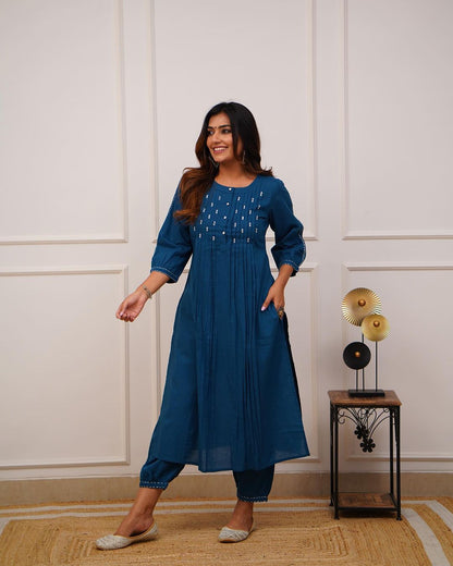 Beautiful teal blue kurti-pant set