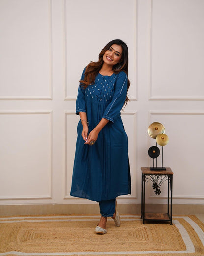 Beautiful teal blue kurti-pant set