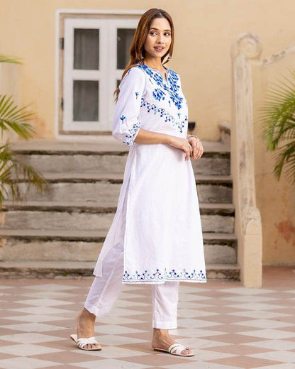 Beautiful aari work bright white kurti and pant - Eraya