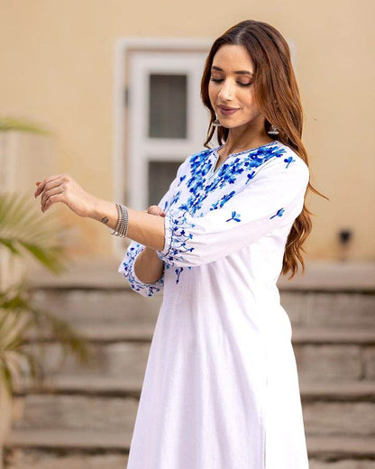 Beautiful aari work bright white kurti and pant - Eraya