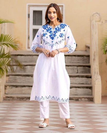 Beautiful aari work bright white kurti and pant - Eraya