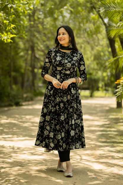 Black Floral Printed Anarkali Kurta with Pant and Dupatta