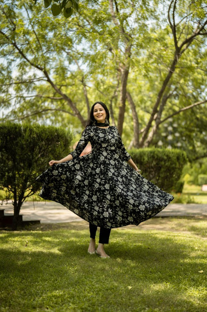 Black Floral Printed Anarkali Kurta with Pant and Dupatta