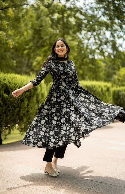 Black Floral Printed Anarkali Kurta with Pant and Dupatta