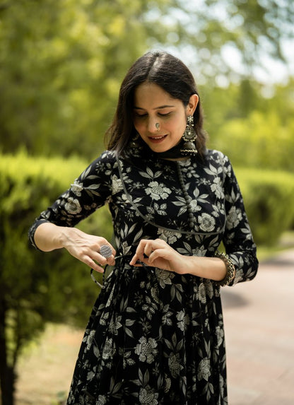 Black Floral Printed Anarkali Kurta with Pant and Dupatta