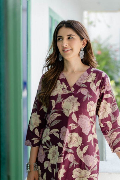 Wine floral kurti-plazo set - Eraya