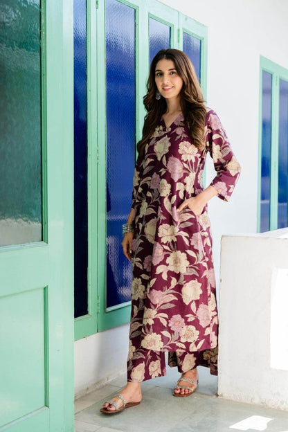 Wine floral kurti-plazo set - Eraya