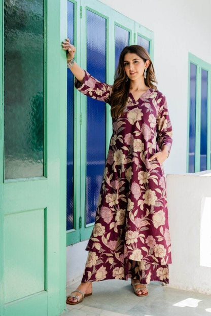 Wine floral kurti-plazo set - Eraya