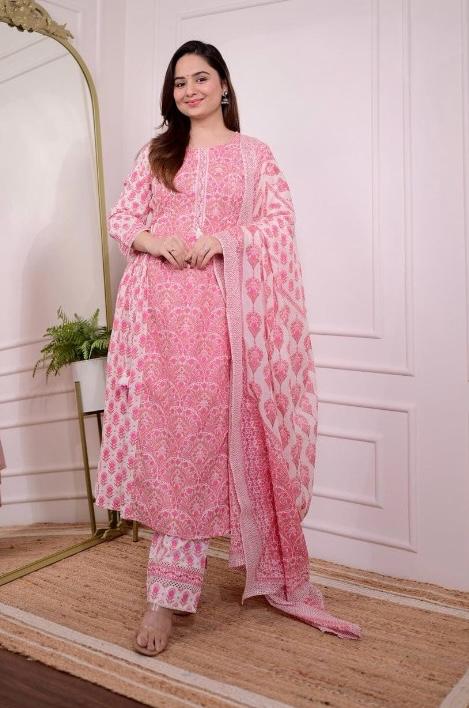 Pink printed A-line cotton kurti set