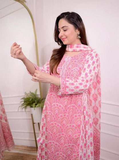 Pink printed A-line cotton kurti set