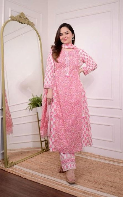 Pink printed A-line cotton kurti set