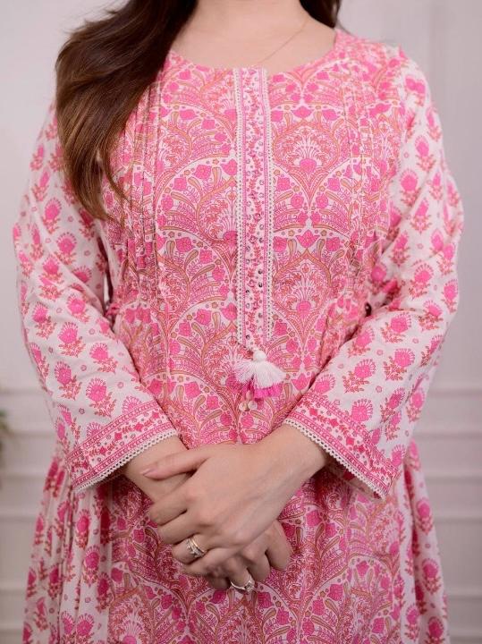 Pink printed A-line cotton kurti set