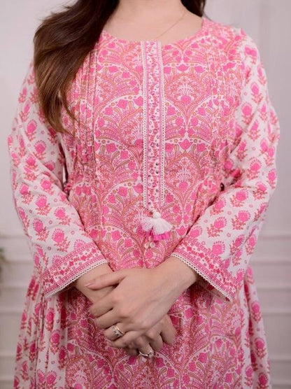 Pink printed A-line cotton kurti set