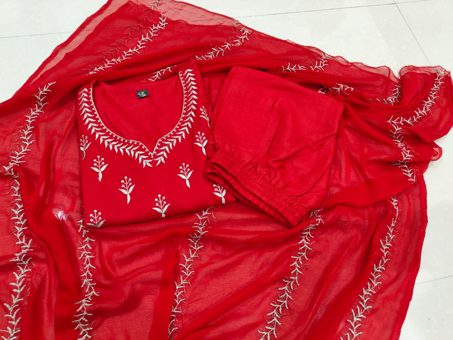 Authentic red embroidered rayon kurti set