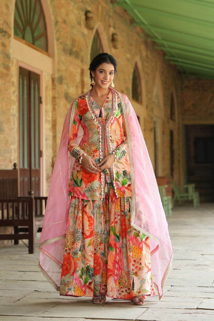 Chinon Fabric Opulent Top, Jacket, Sharara & Dupatta Set - Eraya