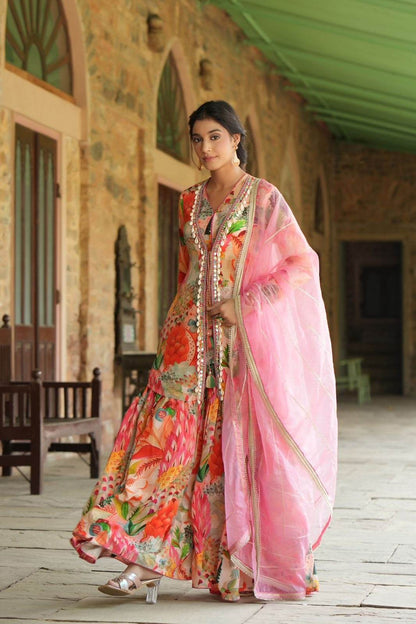 Chinon Fabric Opulent Top, Jacket, Sharara & Dupatta Set - Eraya