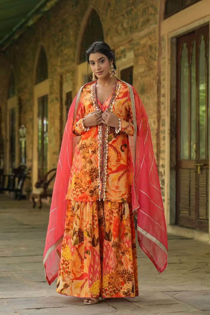 Chinon Fabric Opulent Top, Jacket, Sharara & Dupatta Set - Eraya