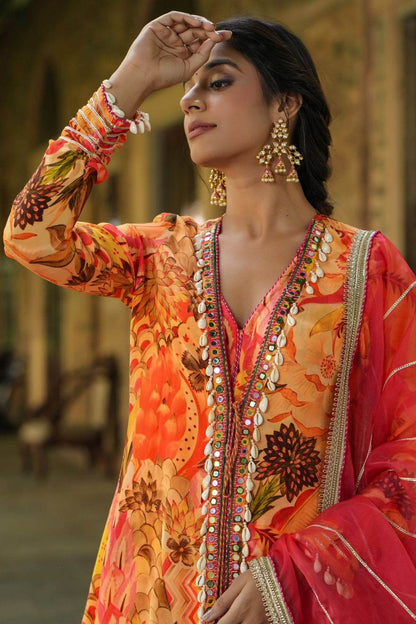 Chinon Fabric Opulent Top, Jacket, Sharara & Dupatta Set - Eraya