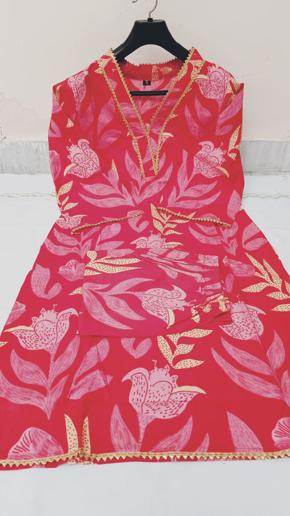 Red Floral Kurta Pants Suit Set