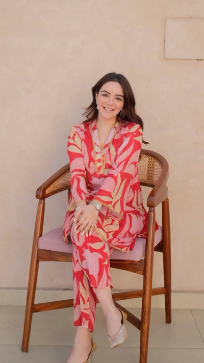 Red Floral Kurta Pants Suit Set