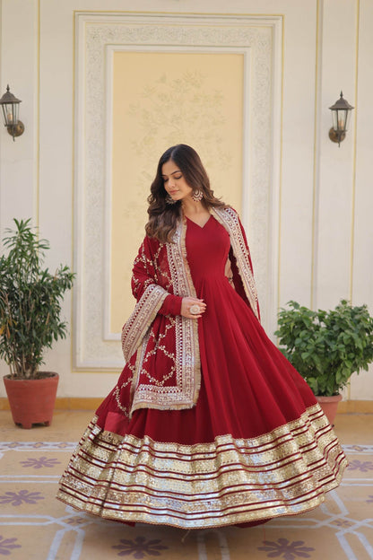 Designer Red Georgette Sequence Full Flared Anarkali Gown with Dupatta - Eraya