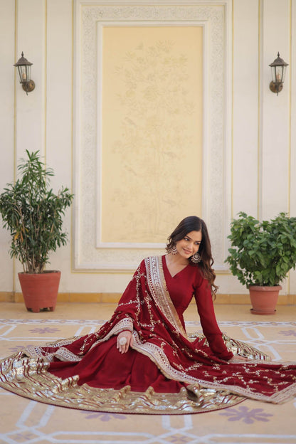 Designer Red Georgette Sequence Full Flared Anarkali Gown with Dupatta - Eraya