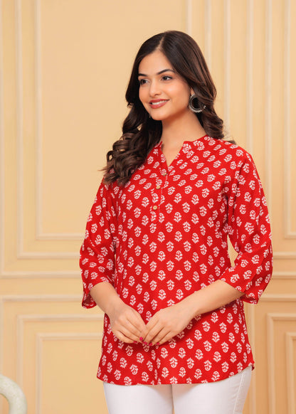 Rayon short kurti- printed red - Eraya