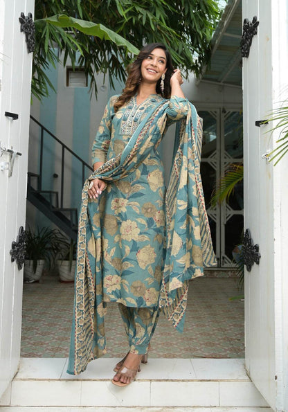 Floral printed mirror embellished straight kurta set - Eraya