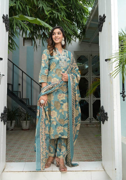 Floral printed mirror embellished straight kurta set - Eraya