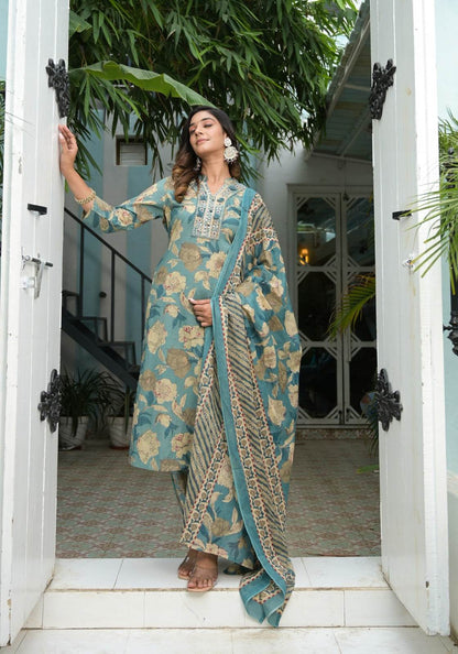 Floral printed mirror embellished straight kurta set - Eraya