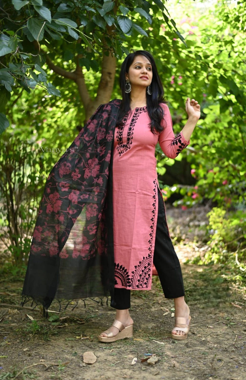 Traditional handloom cotton kurta-pany and chanderi dupatta set
