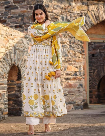 Embroidery yoke aliya cut style with beautiful print and naira cut kurta set