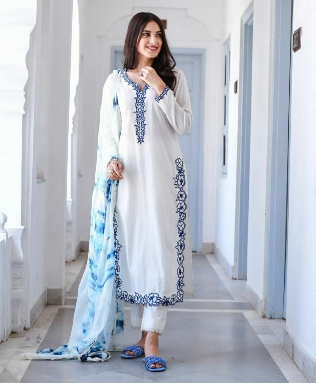 Elite rayon blue embroiderd on white kurti set