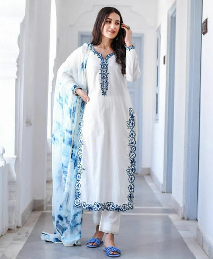 Elite rayon blue embroiderd on white kurti set