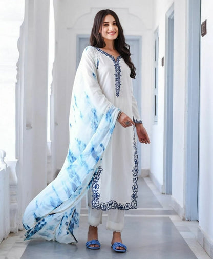 Elite rayon blue embroiderd on white kurti set