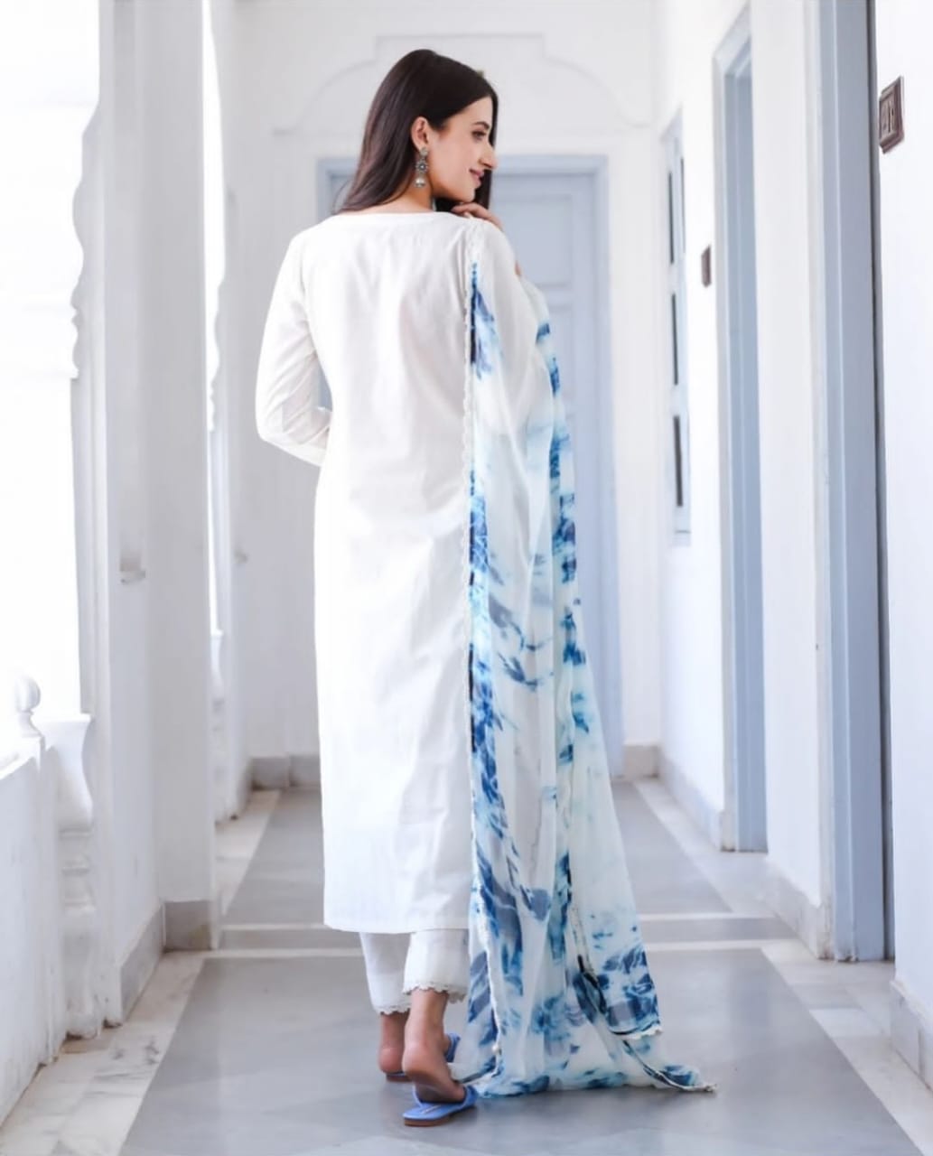 Elite rayon blue embroiderd on white kurti set