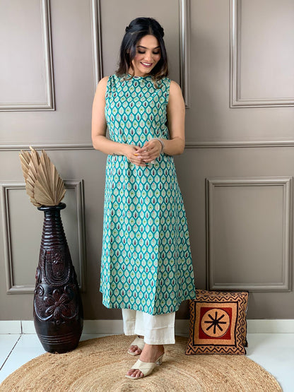 Pure cotton sleeveless kurti-plazo set