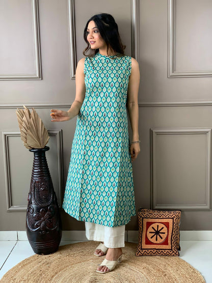 Pure cotton sleeveless kurti-plazo set