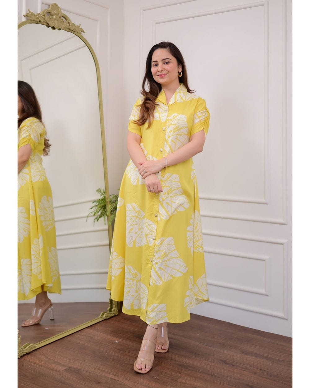 Premium floral yellow cotton gown