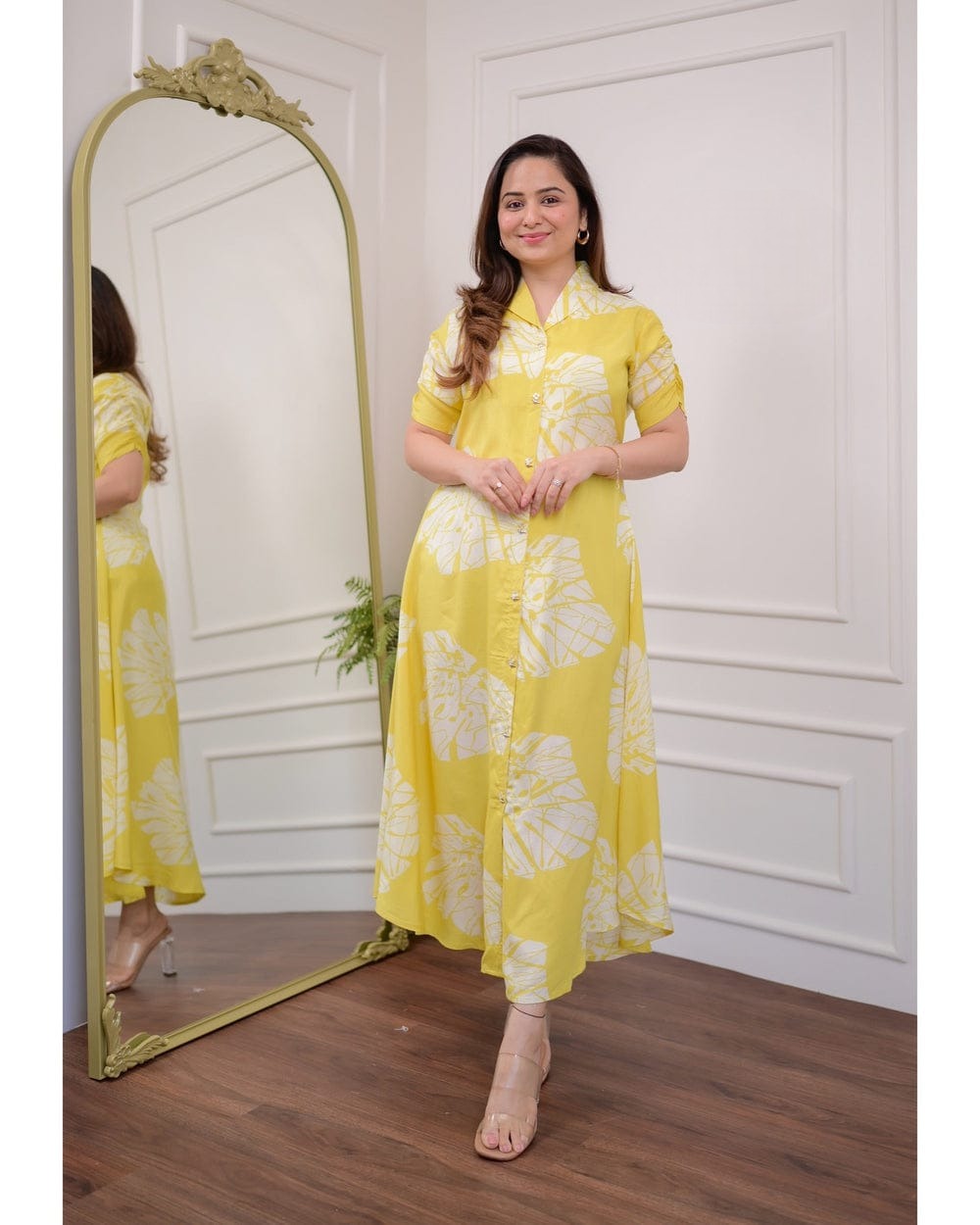 Premium floral yellow cotton gown