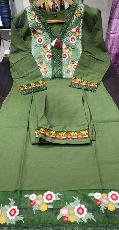 Beautiful cotton heavy detaiing suit set with organza dupatta