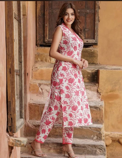 Summer special fine fabric cotton cut sleeves kurti-pant set