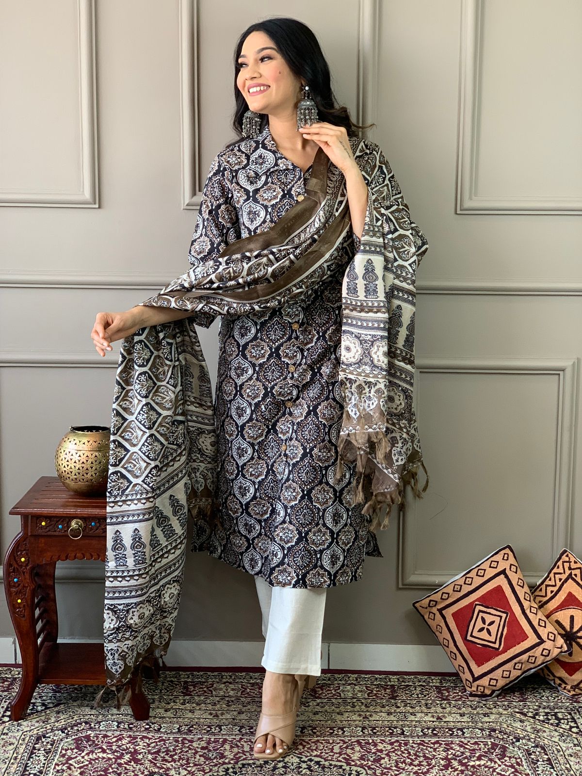 Ajrakh work cotton kurta with cotton pant and silk dupatta